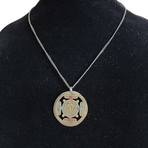 Vintage Tibetan Filigree Pendant Necklace Coral Turquoise Inlays 20" Hook